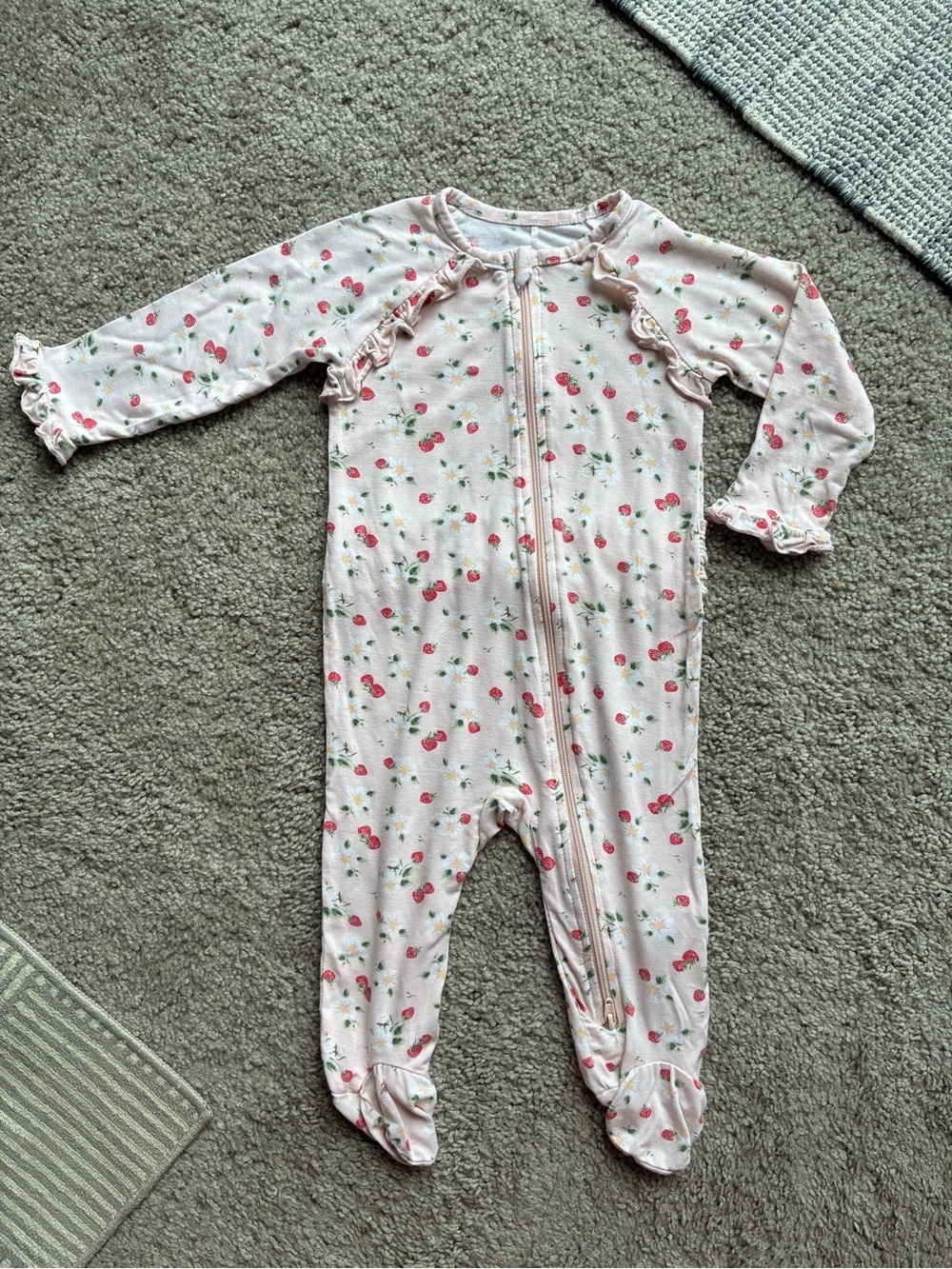 Milkberry Bamboo Pink Cherry-Print Footed One-Piece with Ruffle Trim